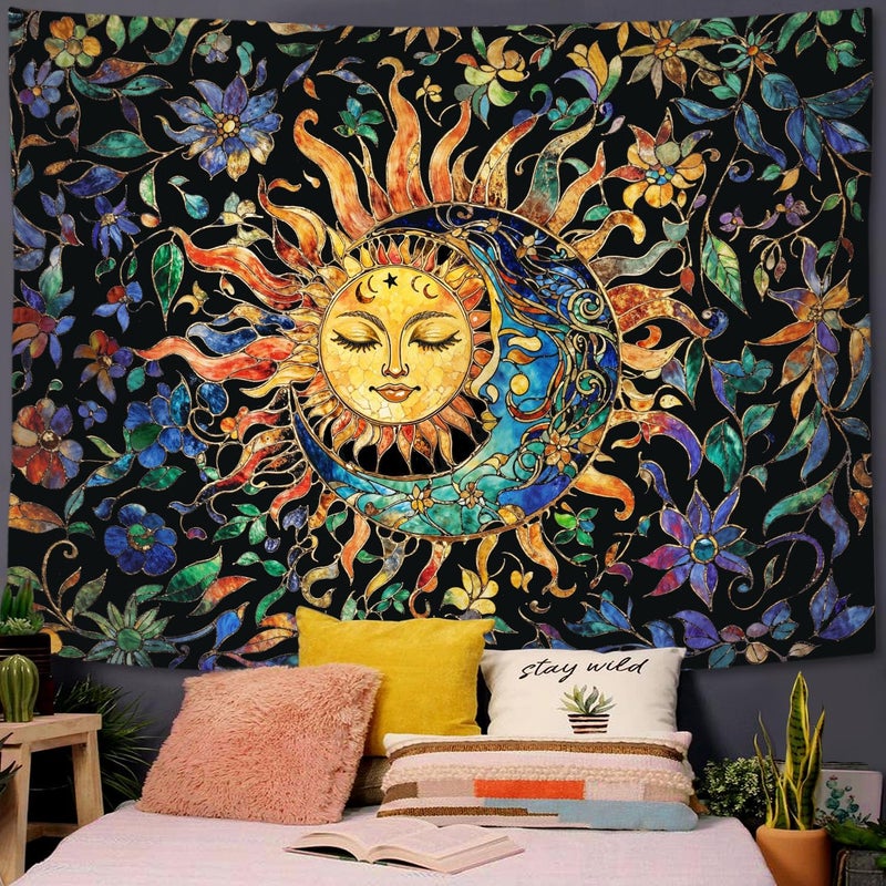Aipon Sun and Moon Tapestry for Bedroom Boho Hippie Floral Wall Tapestry Aesthetic Vintage Stained Glass Plant Large Tapestries Wall Hanging for Living Room Dorm 80 x 60 Inch - Image 1